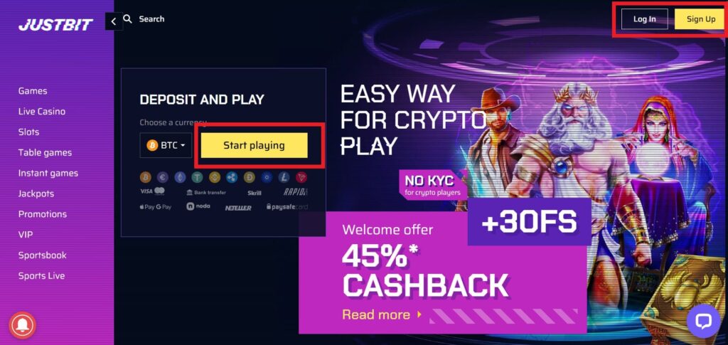 JustBit Crypto Casino Website