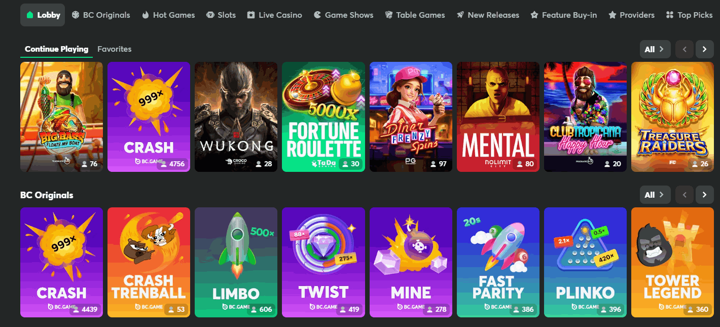 BC.Game dashboard with top games 